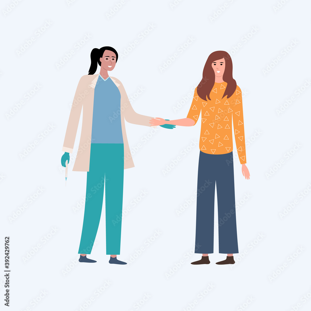 Cartoon doctor giving the vaccine to a beautiful young woman in an orange T-shirt and jeans. Vector flat style. Vaccination of the population during a pandemic. Successful youth injecting the virus.
Cartoon doctor giving the vaccine to a beautiful young woman in an orange T-shirt and jeans. Vector flat style. Vaccination of the population during a pandemic. Successful youth injecting the virus.