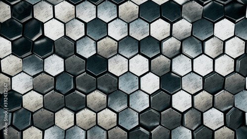 Scratched Metal hexagons honeycomb futuristic background, 3d render illustration