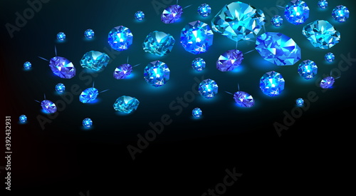 Black background with many scattered blue gems sapphires. Vector illustration.