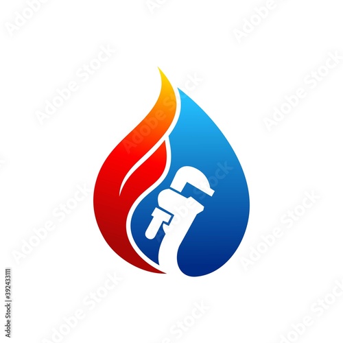 water and fire icon with a wrench silhouette, plumbing logo template
