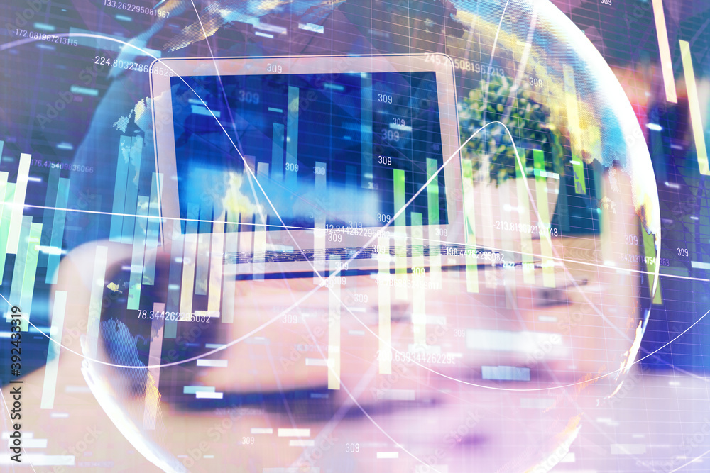 Multi exposure of business theme icons and work space with computer background. Concept of success.
