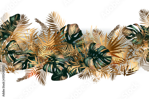 Tropical golden and emerald leaves seamless pattern border frame with vector image. Jungalow style. Botanical theme. Fabulous tropical wallpapers and backgrounds