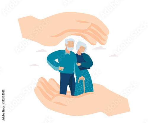 Vector of hands making a protection gesture with elderly couple between