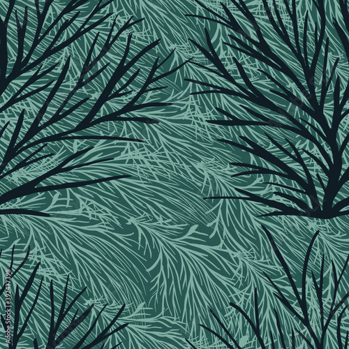 Light and dark branches on a blue background. Vector seamless pattern. Design for cloth, print, wrapping.