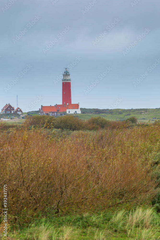 Vertical landscape with Lighthouse between sand dunes at Waddenisland Texel, North Holland, Netherlands