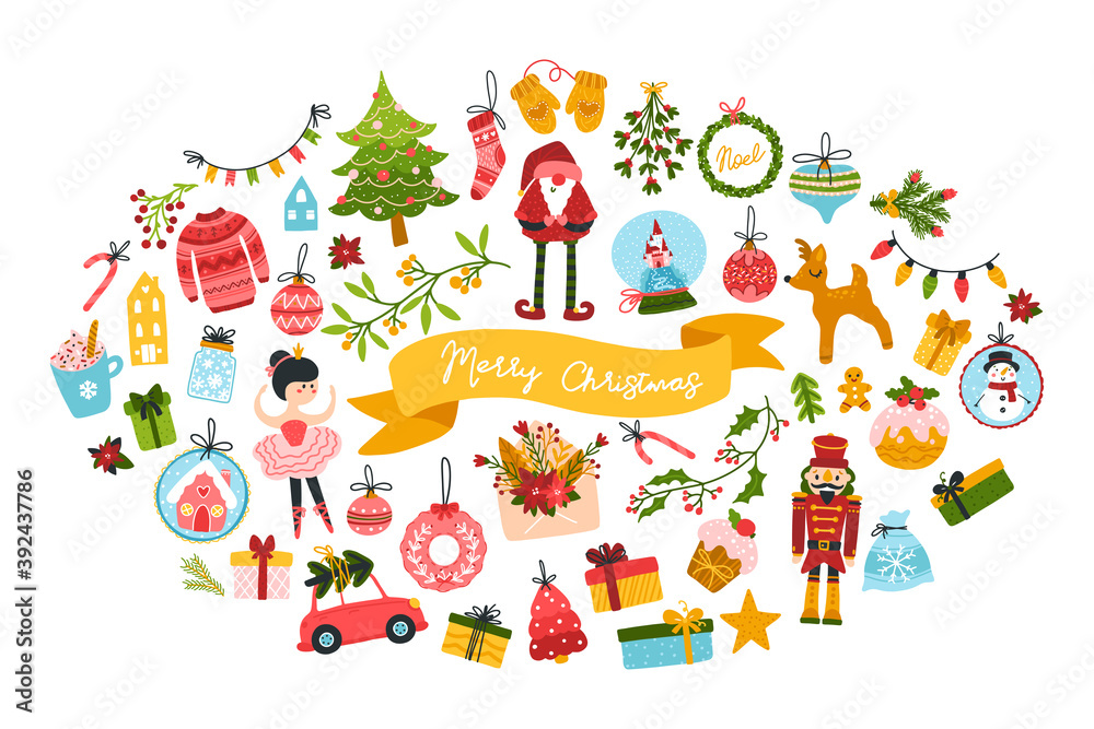 Fototapeta premium Big Christmas set greeting card with cute characters and festive elements in the shape of an oval, in a childish hand-drawn Scandinavian style with lettering