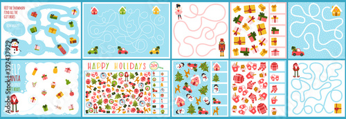 A set of Christmas games for children. Spy and maze game. Vector illustration in hand drawn cartoon childish style. Educational maze puzzles suitable for games, book printing, applications, education.