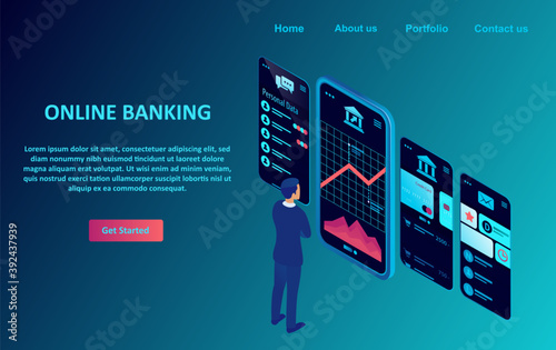 Vector of a businessman using mobile banking app to manage his finances