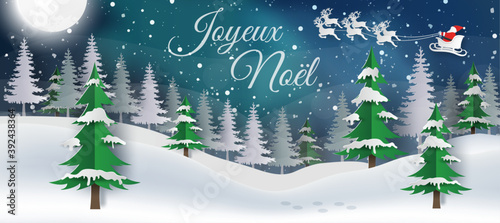 carte ou bandeau sur Joyeux Noël en blanc sur un  fond bleu avec des aurore boréales, des flocons de neige le traineau du père Noël et une colline enneigée avec des sapins