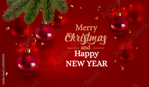Merry Christmas and Happy New Year Holidays greeting card, frame, banner. New Year. Noel. Christmas red and fir tree ornaments on red background top view. Winter holiday xmas theme Vector illustration
