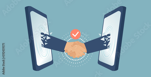 Vector of two businessmen handshaking with hands coming out of mobile phones