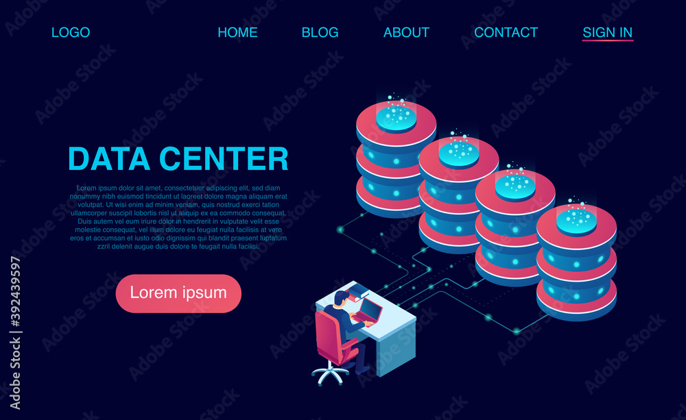 Vector of a man working on computer in a data center server room with ...