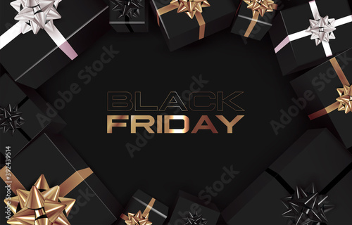 Black Friday banner or poster design template with golden Black Friday lettering on black background surrounded by realistic top view gift boxes. Vector illustration