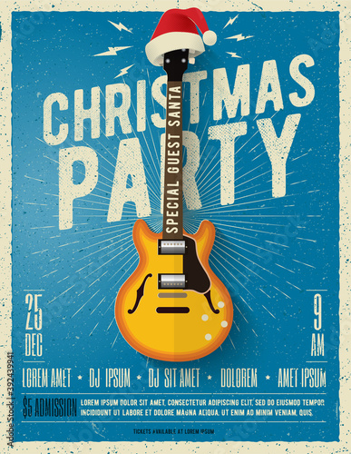 Christmas party poster or flyer design template with electric guitar with red santa hat on blue background. Vector illustration.