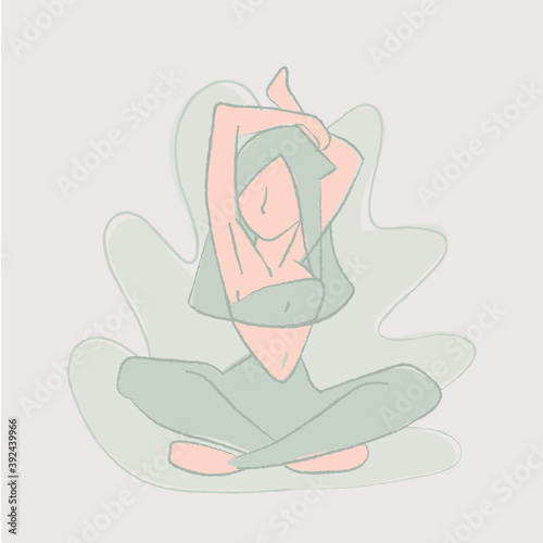 Vector of a fitness girl doing stretching. After sports, stretching exercises. Yoga time.