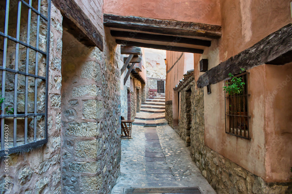 Street and passage of medieval architecture in the town of Albarracin, Teruel, Spain