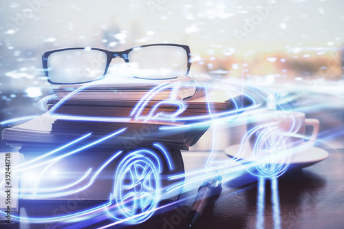 Automobile theme hologram with glasses on the table background. Autopilot concept. Double exposure.