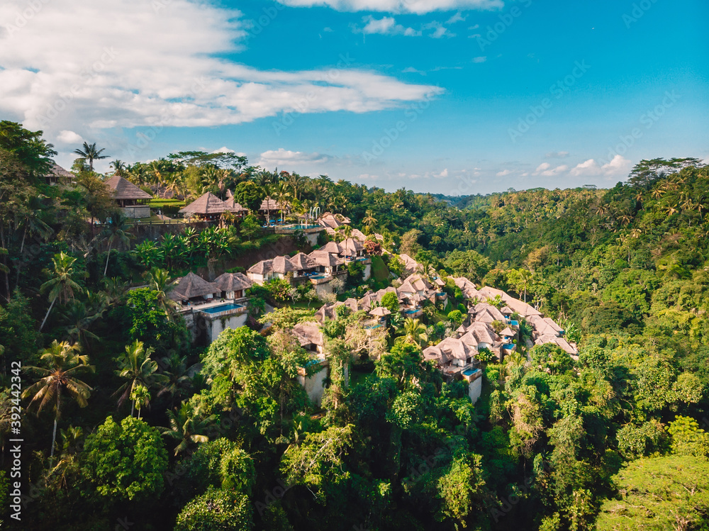Aerial view of jungle with luxury resort in Ubud