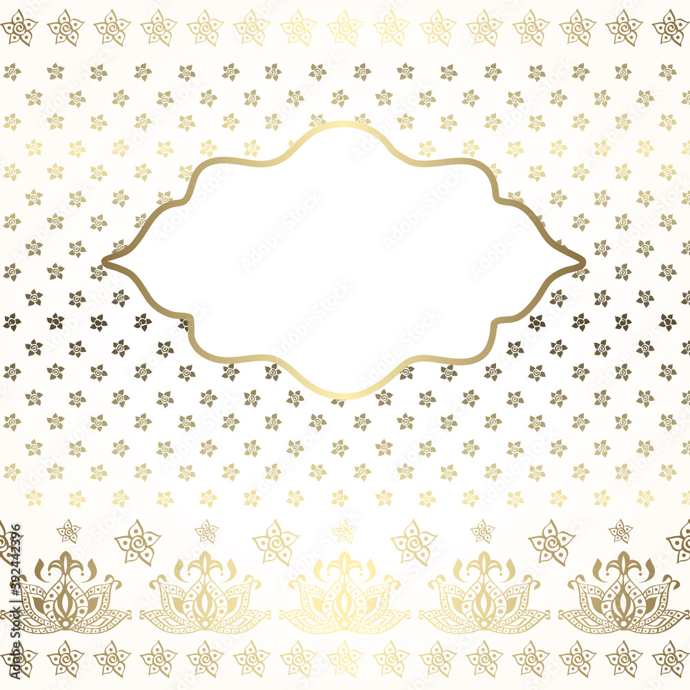 Ornamental oriental background with empty frame for text. Luxury card or invitation in white and gold colors Ornamental oriental background with empty frame for text. Luxury card or invitation in white and gold colors