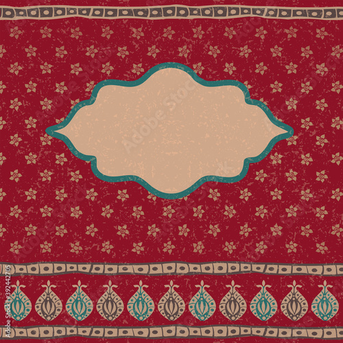 Indian ethnic Arabian oriental background in retro style. Card or invitation with empty frame for text