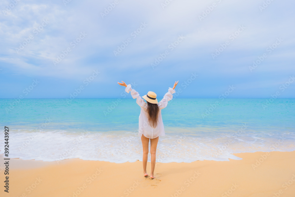 Portrait beautiful young asian woman relax leisure smile around beach sea ocean Portrait beautiful young asian woman relax leisure smile around beach sea ocean