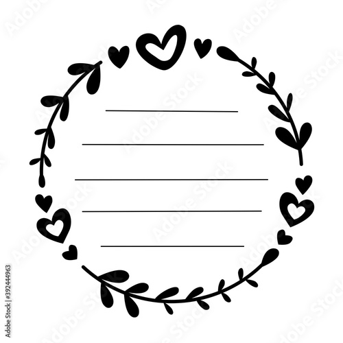 Black line hearts leaves circle frame. Line in for message like notepaper. On white silhouette use to cut file. Vector illustration about stationery.