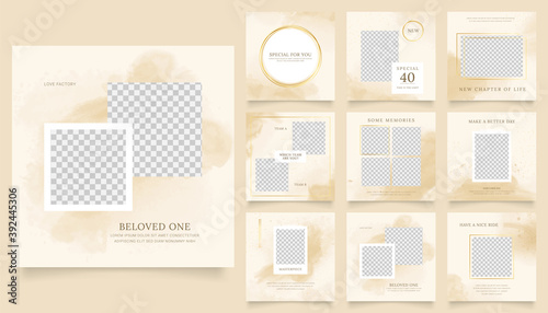 social media template banner fashion sale promotion. fully editable instagram and facebook square post frame puzzle organic sale poster. brown yellow gold white watercolor vector background