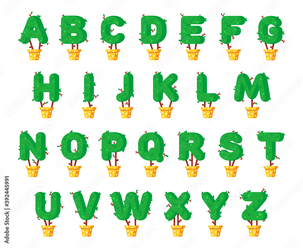 Fototapeta premium Trees and leaves alphabet. Green alphabet set in flat style, font made out of pot plants. Seasonal summer letters. Letters flat illustration set