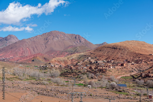 Adobe kasbah in mountain villages in the High Atlas Mountains. Morocco.