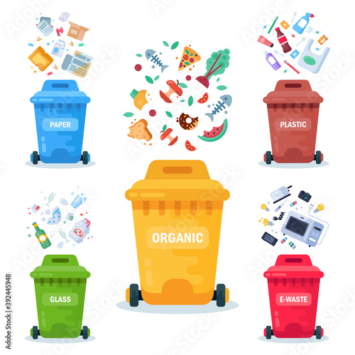 Plastic containers for different trashes. Color containers for garbage and trash. Recycling garbage elements. Vector flat illustration