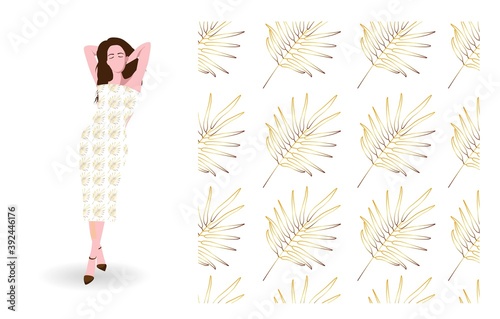 Monstera leaves on a tile pattern. Seamless design of Hawaiian tropical plants in pastel colors. Beautifully organized hand drawn vector illustration for background, banner, textile. Summer forest con