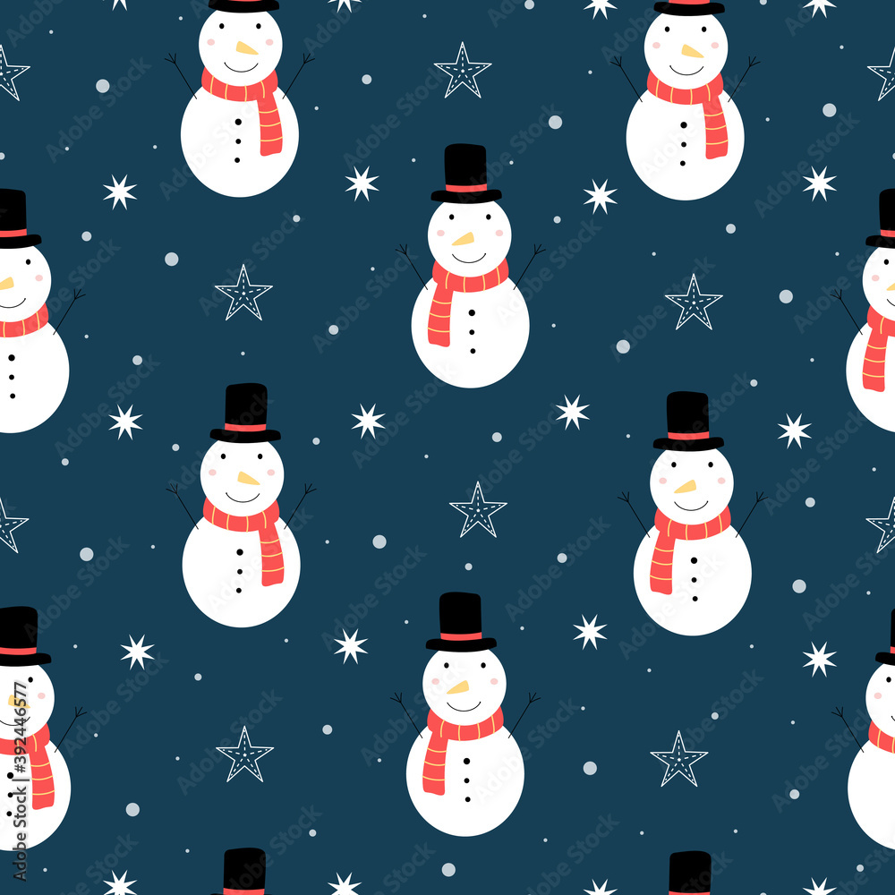 Christmas seamless pattern A snowman and snowflakes on a blue background. Hand drawn design in cartoon style, use for print, celebration wallpaper, fabric, textile. Vector illustration Christmas seamless pattern A snowman and snowflakes on a blue background. Hand drawn design in cartoon style, use for print, celebration wallpaper, fabric, textile. Vector illustration