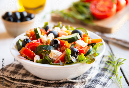 Greek salad with vegetables and feta cheese, healthy vegetable meal