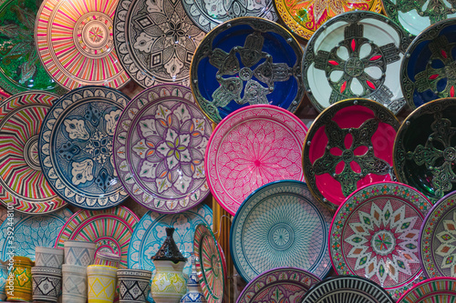 Detail of colorful ceramics in the markets of the medina of Marrakech, Morocco.