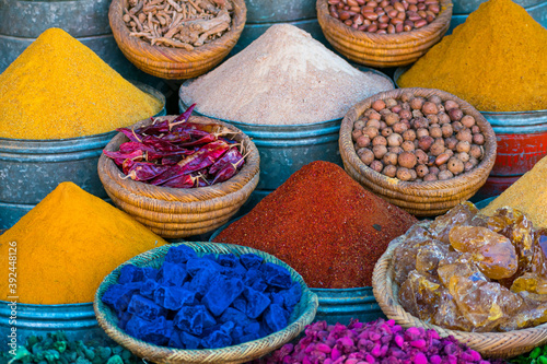 Detallde of colorful spices in the markets of the medina of Marrakech, Morocco.