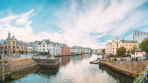 Alesund, Norway. Old Houses In Cloudy Summer Day. Art Nouveau Architecture Is Historic Heritage And Landmark. Panorama