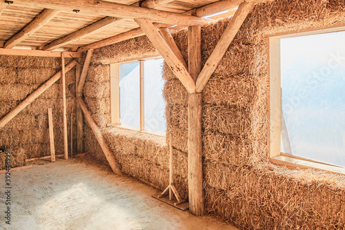 Obraz na płótnie Straw house. Eco friendly home. Inside view