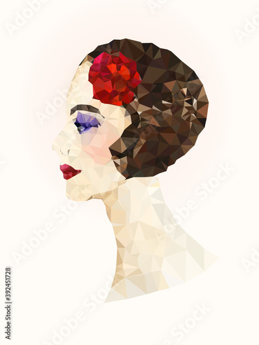 Portrait of woman with red flower in her hair. Low-poly geometric style illustration