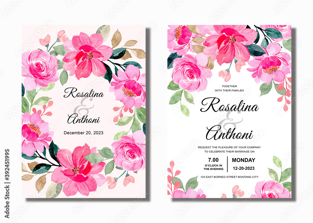 Elegant wedding invitation card with pink floral watercolor