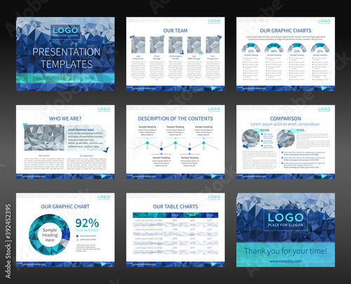 Presentation templates and business brochures. Layout design. Low-poly style illustration - blue and turquoise version