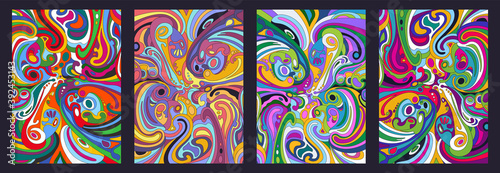 Obraz na plátně 1960s Hippie Art Style Psychedelic Background, Colorful Abstract Pattern Set