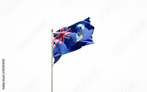Beautiful national state flag of Falkland on white background. Isolated close-up Falkland flag 3D artwork.