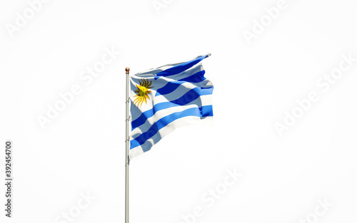 Beautiful national state flag of Uruguay on white background. Isolated close-up Uruguay flag 3D artwork.