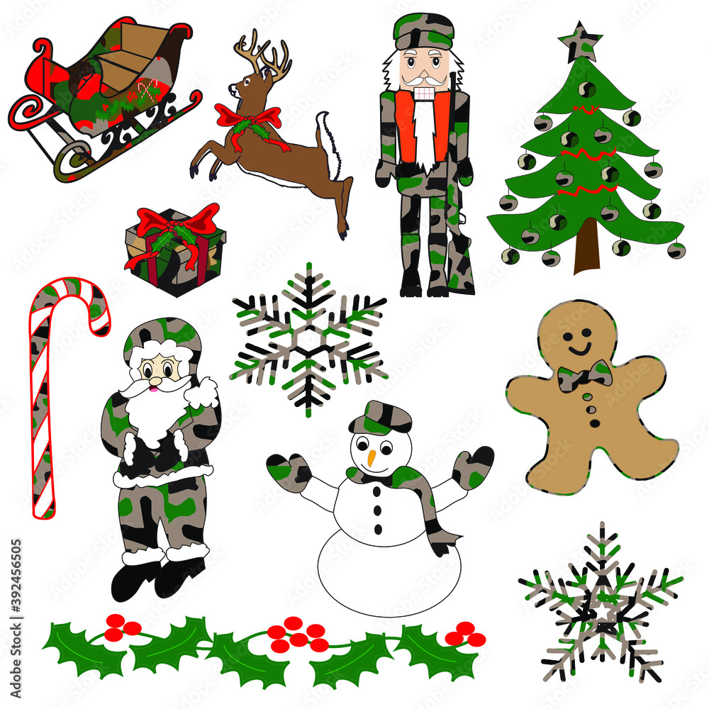 Christmas vector collection. Modifiable symbols: Sleigh, reindeer, nutcracker, Christmas Tree, present, candy cane, Santa Claus, snowman, gingerbread man, snowflakes, holly. 