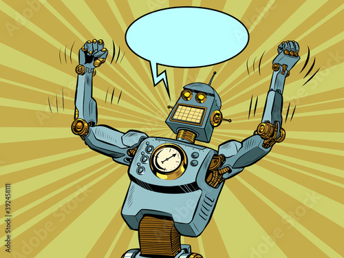 Robot villain in a winning pose. Technological progress. The comic villain character