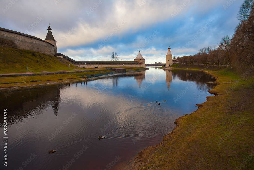 Picturesque evening view of the Pskov Kremlin and the Pskov River
