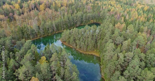 Sunset at blue lake. Beautiful autumn aerial footage. photo