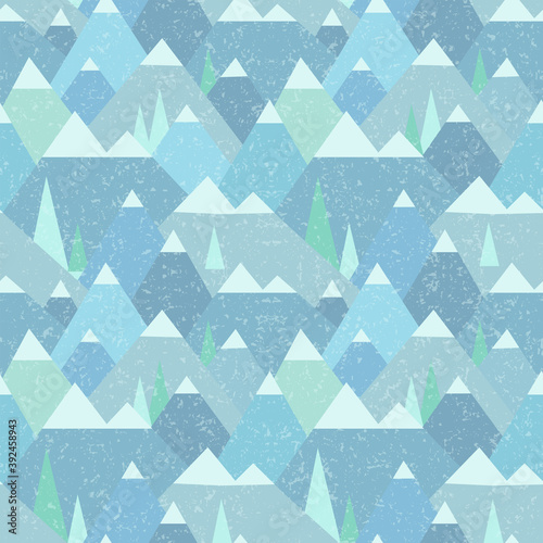 Winter geometric mountain landscape seamless pattern with grunge effect