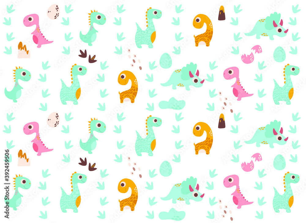 background with dinosaurs, vector illustration (dino, eggs, trees, footprints, volcano) background with dinosaurs, vector illustration (dino, eggs, trees, footprints, volcano)