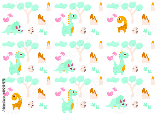 background with dinosaurs  vector illustration  dino  eggs  trees  footprints  volcano 